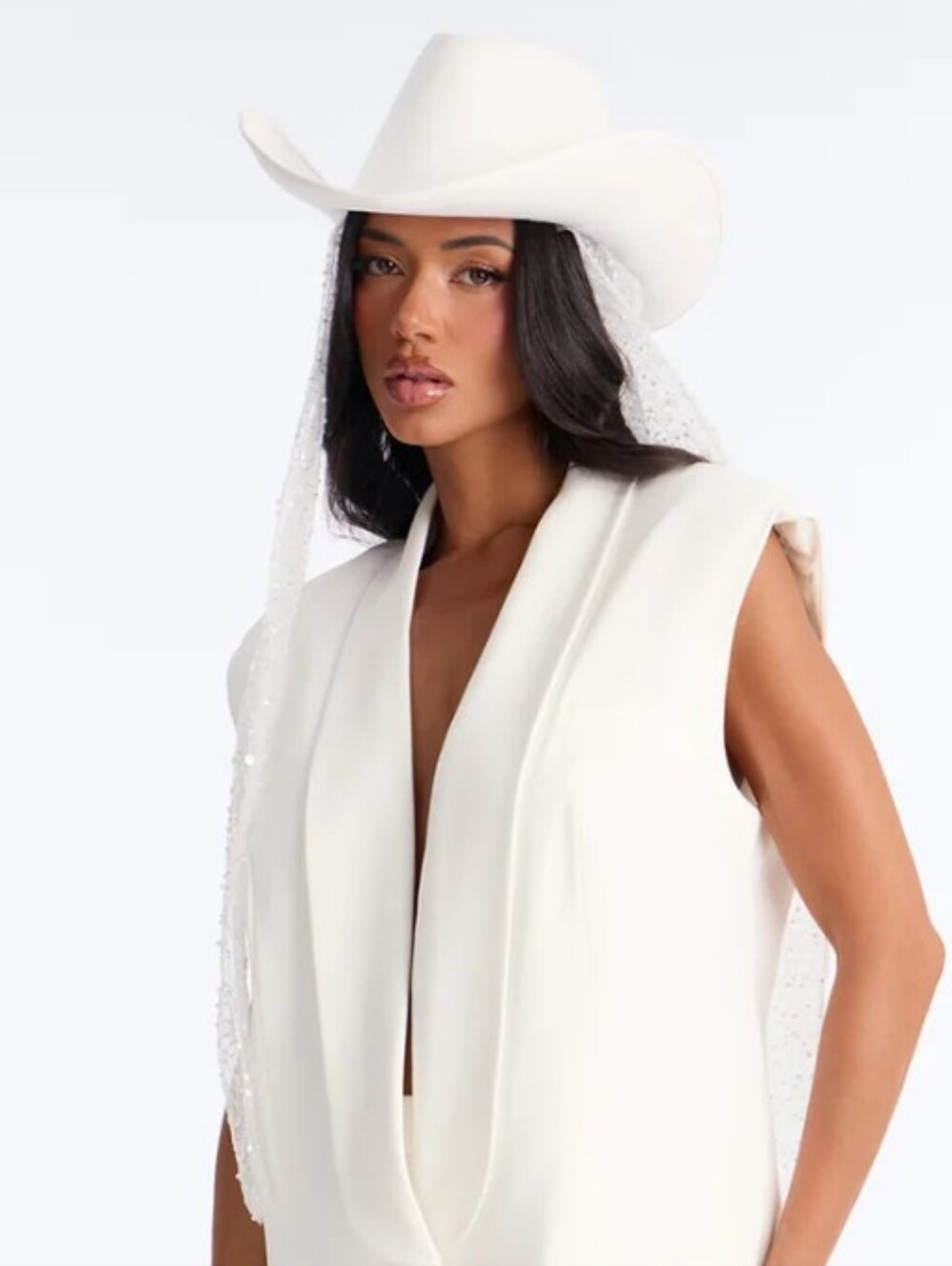 White Cowboy Hat with Veil - Picture 5 of 5